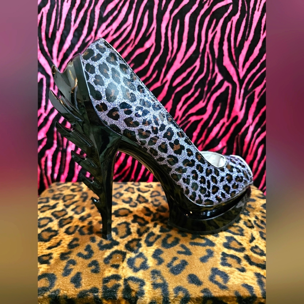 Flame Heel Glitter Leopard Print Platform Open Toe Pumps Sz 9
